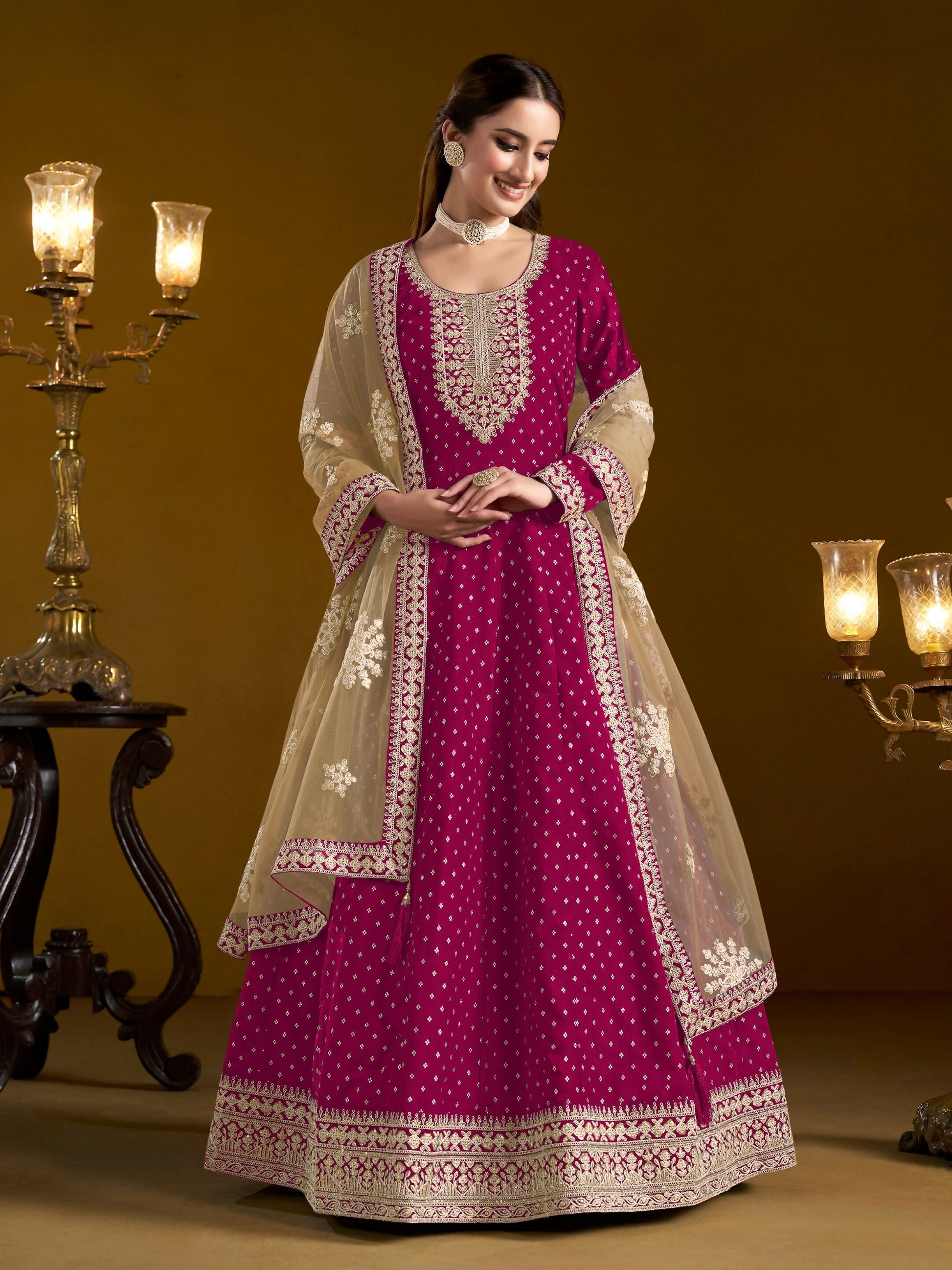 Anaita Rani Pink Embroidered Jacquard Chanderi Anarkali Suit