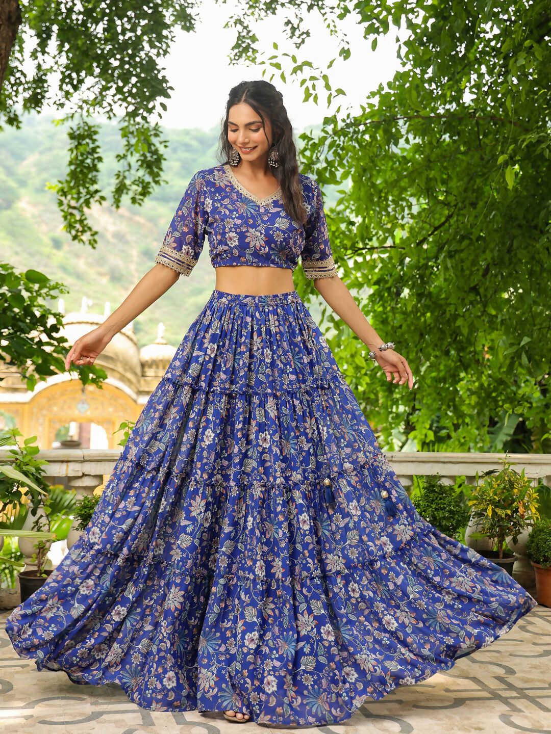 Janasya Blue Georgette Floral Lehenga Choli Dupatta 