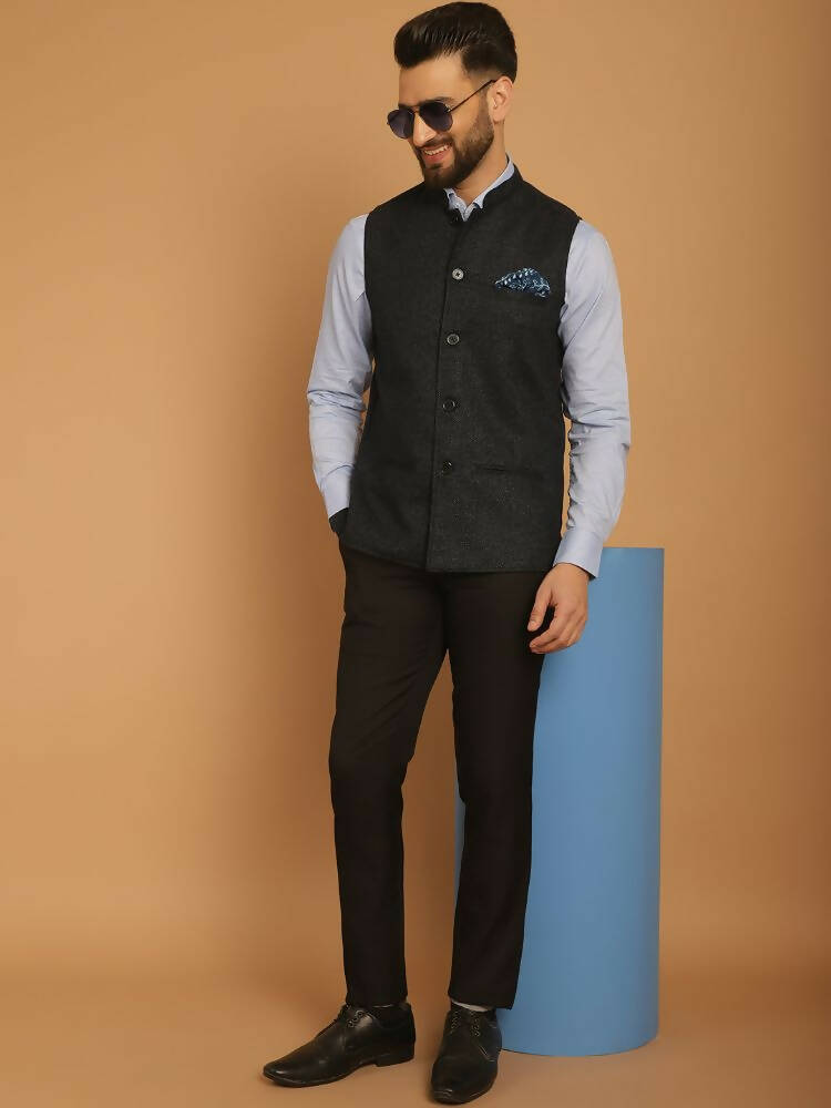 Even Apparels Pure Wool Nehru Jacket - Blue 