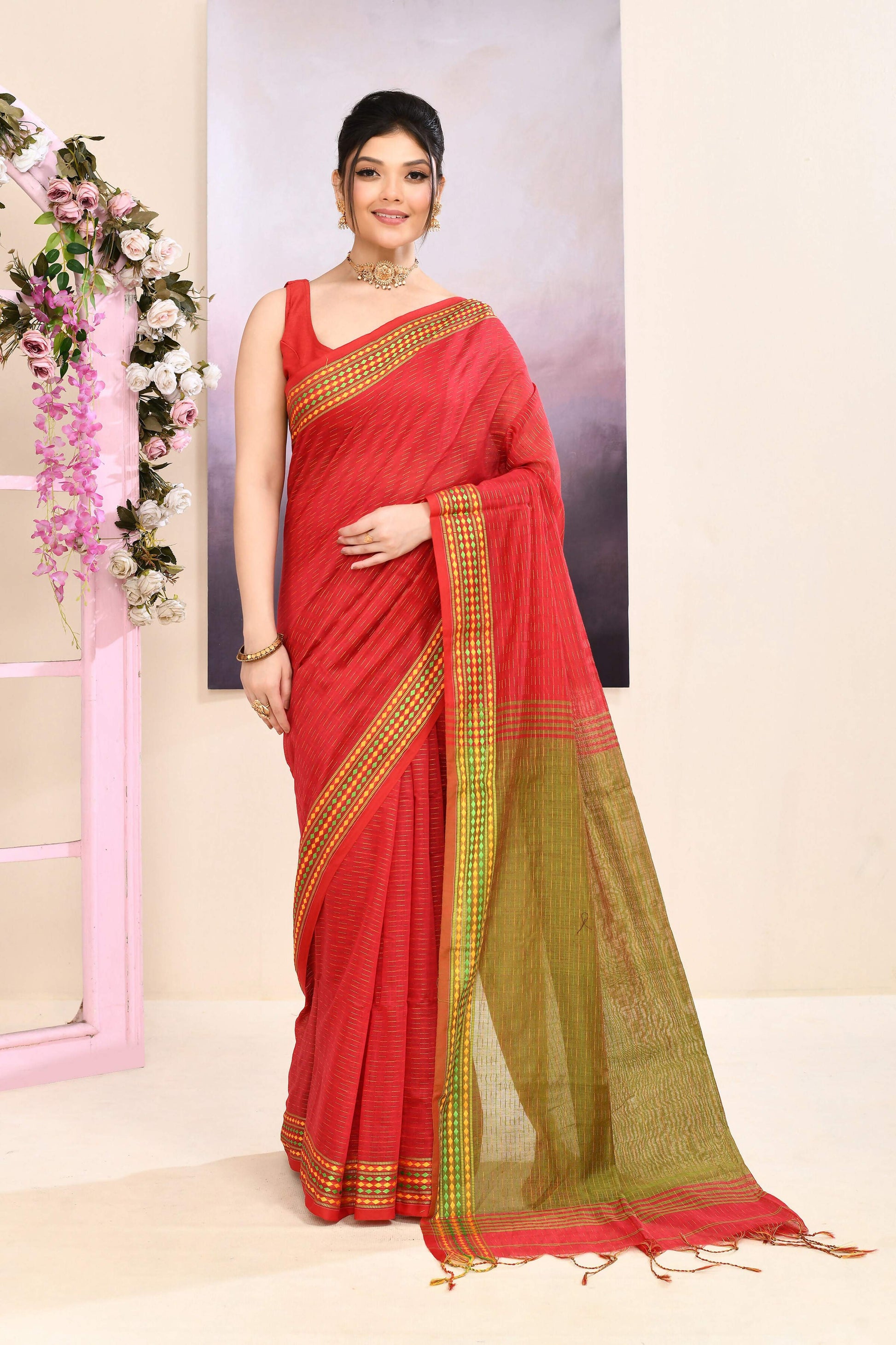 Piyari Fashion Women's Red Embellished Cotton Blend Jamdani Saree