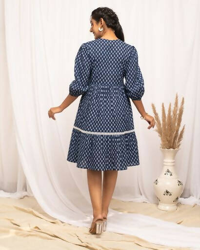 FIORRA Women's Blue Cotton Floral Printed Western Dress 