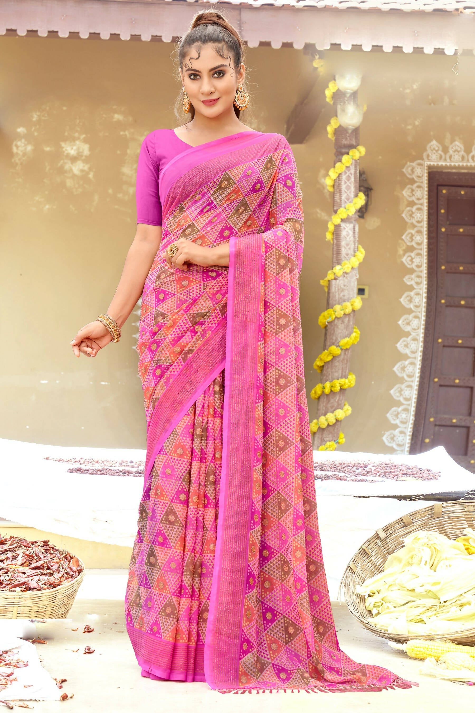 Pink Chiffon Printed Ivory Print and Zari work Saree with Unstitched Blouse Piece - Shanaya