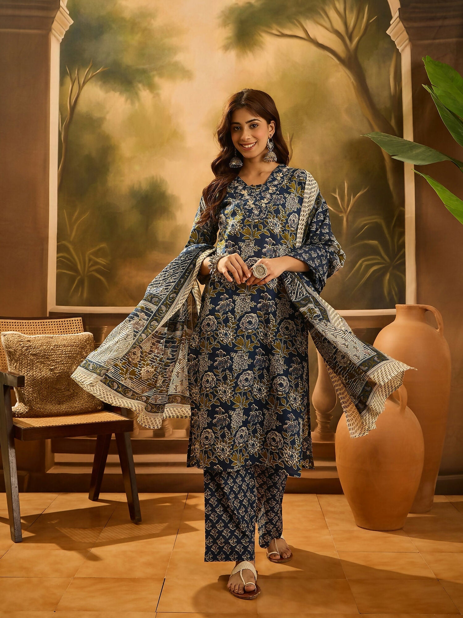 Joban Fashion Printed Navy Blue Pure Cotton Kurta Set
