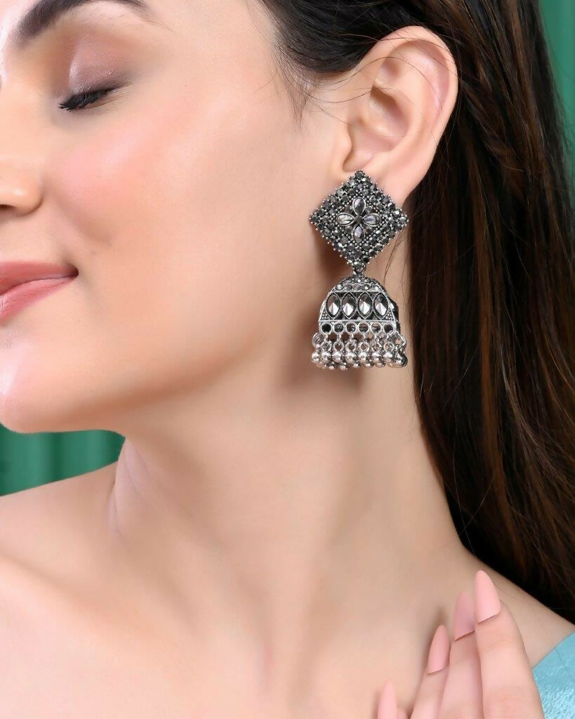 VOJ Black-Toned AD Studded Dome Shaped Jhumkas Earrings - Grab2buy