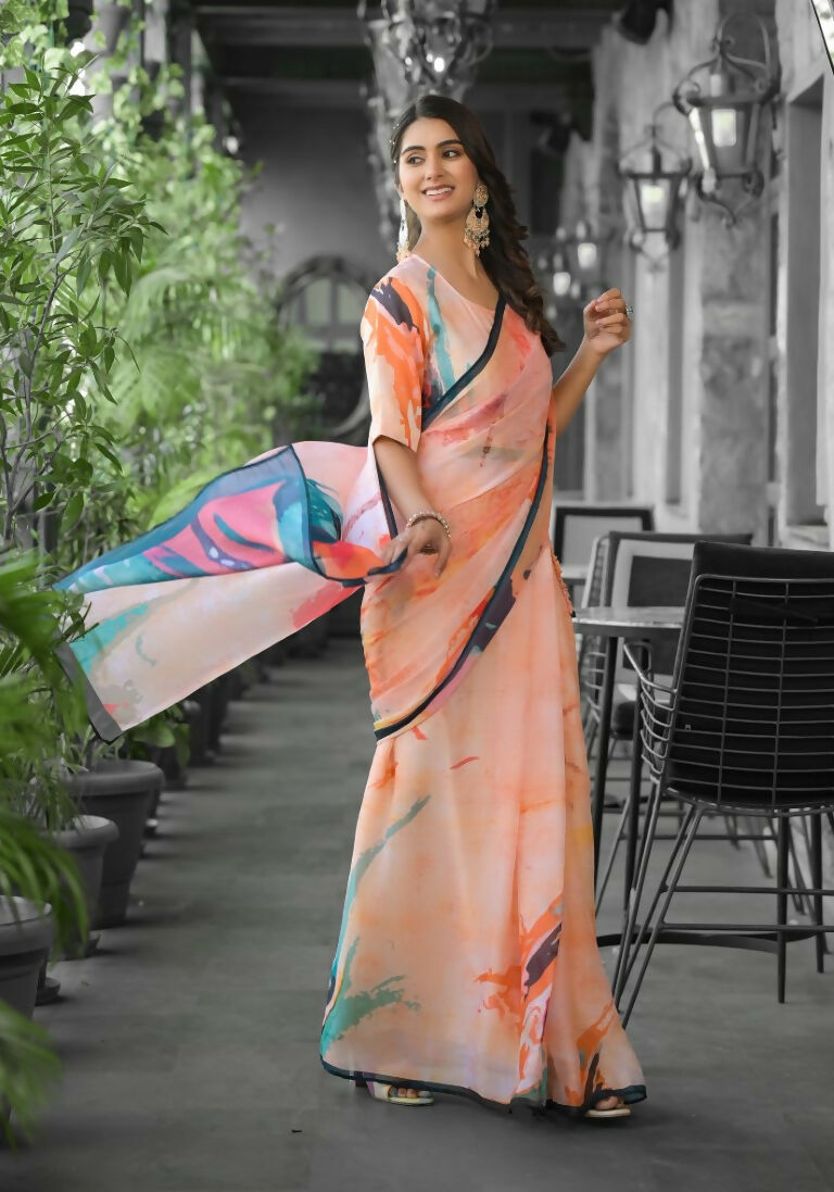 stylish Casual Orange Imported georgette Ready to Wear Fancy Saree - Ashwini