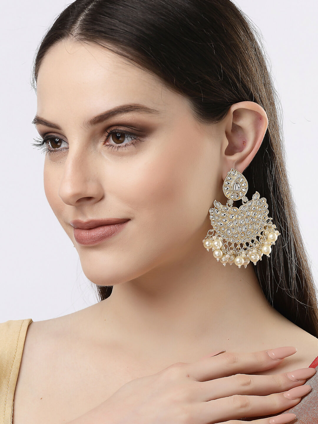 NVR Women Gold-Polished Kundan Chandbali Earrings 
