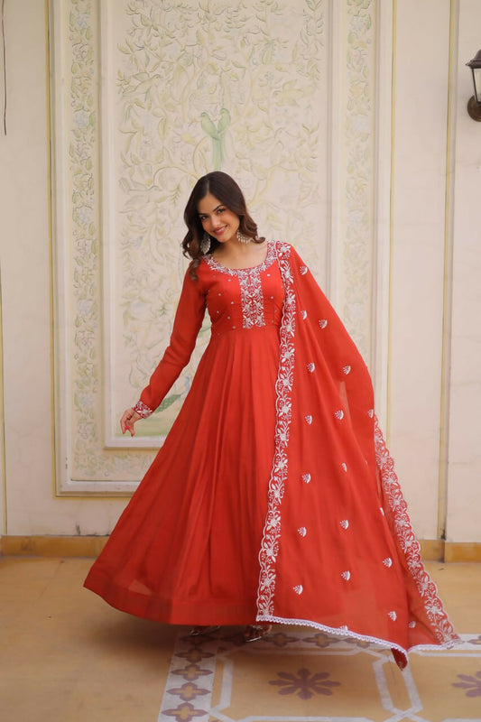 Teeya Creation Womens New Fancy Mul Chanderi With Embroidered Work Gown Set