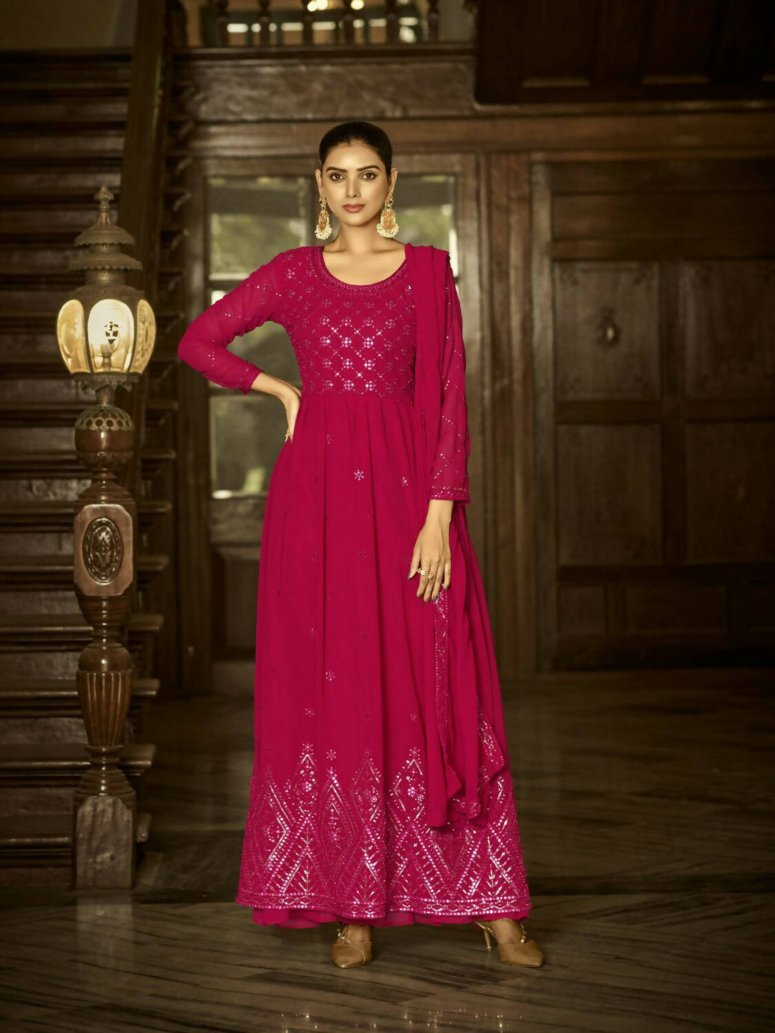 Pink Heavy Faux Georgette Anarkali Embroidered Kurta Set - Dhvani