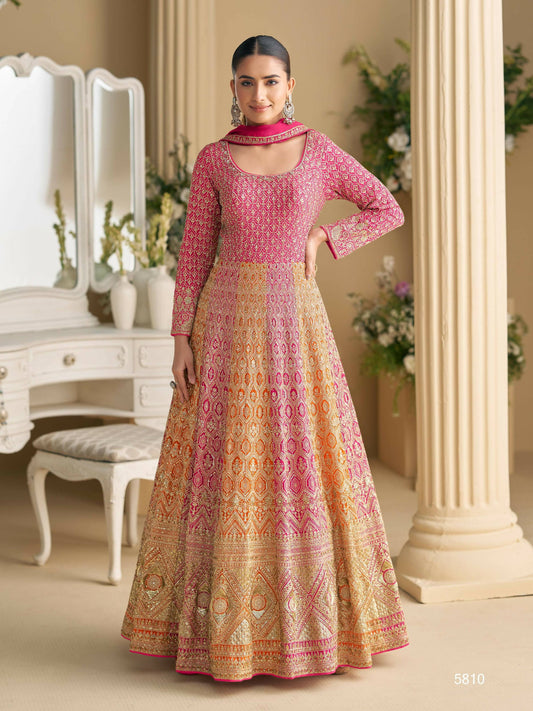 Anaita Peach Georgette Readymade Anarkali Suit with Embroidery Zarkan Work (Free Size)