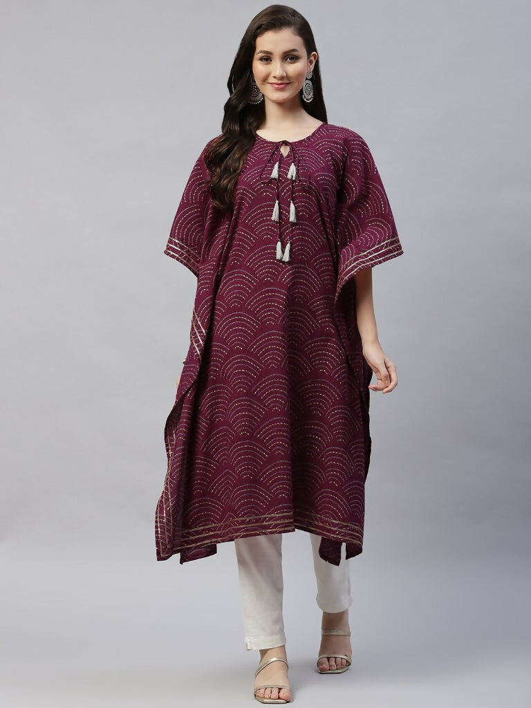 Miravan Women's Floral Printed Cotton Kaftan Kurta In Magenta