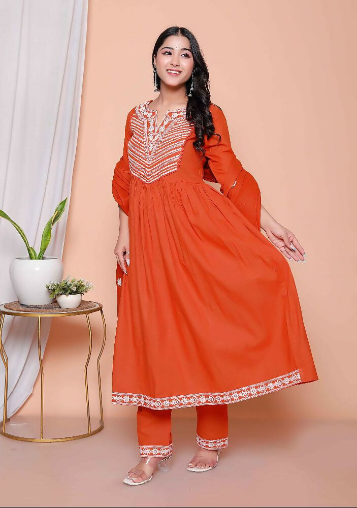 Miravan Womens Floral Embroidered Rust Straight Cotton Kurta & Palazzo With Dupatta Set