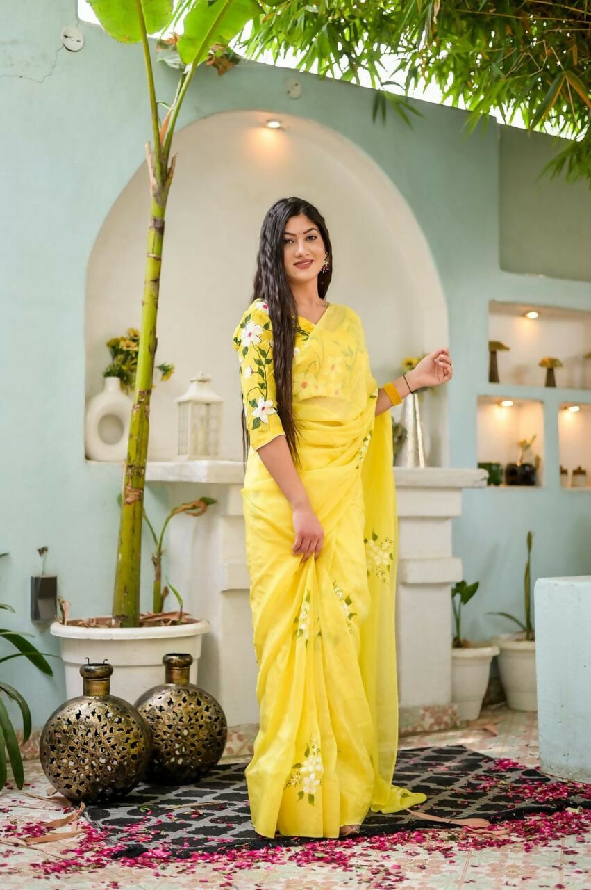 Exclusive Collection Beautiful Yellow Pure Cotton Hand Print Handloom Grab2Buy With Running Blouse Piece 