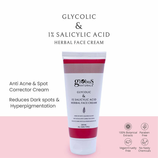 Globus Naturals Glycolic & 1% Salicylic Acid Herbal Anti Acne Face Cream - Grab2buy
