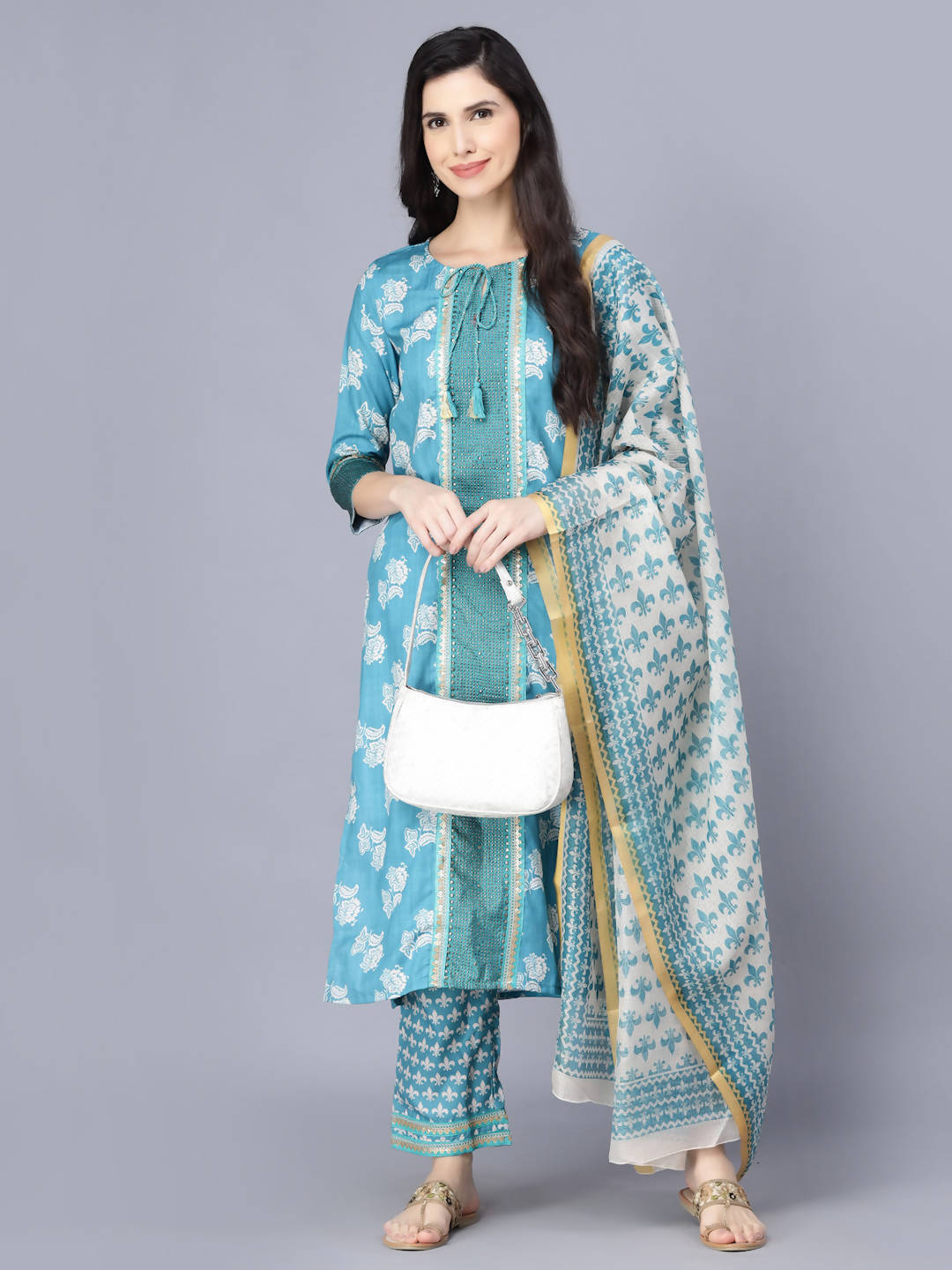 Myshka Women Blue Ethnic Motifs Printed Kurta with Trousers With Dupatta
