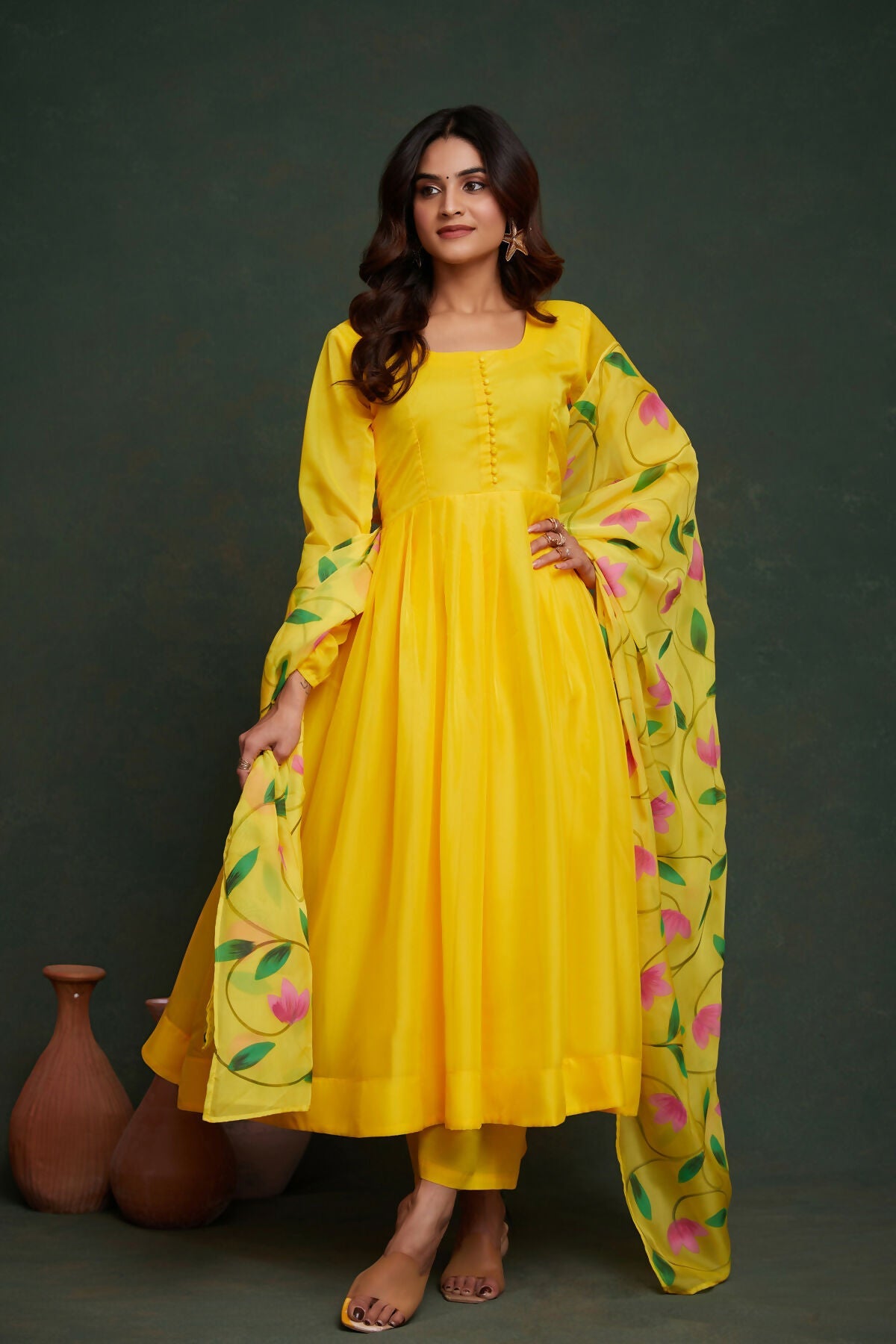 Aayaa Viscose Organza Dyeable Hand Painted Suit - Lemon Yellow