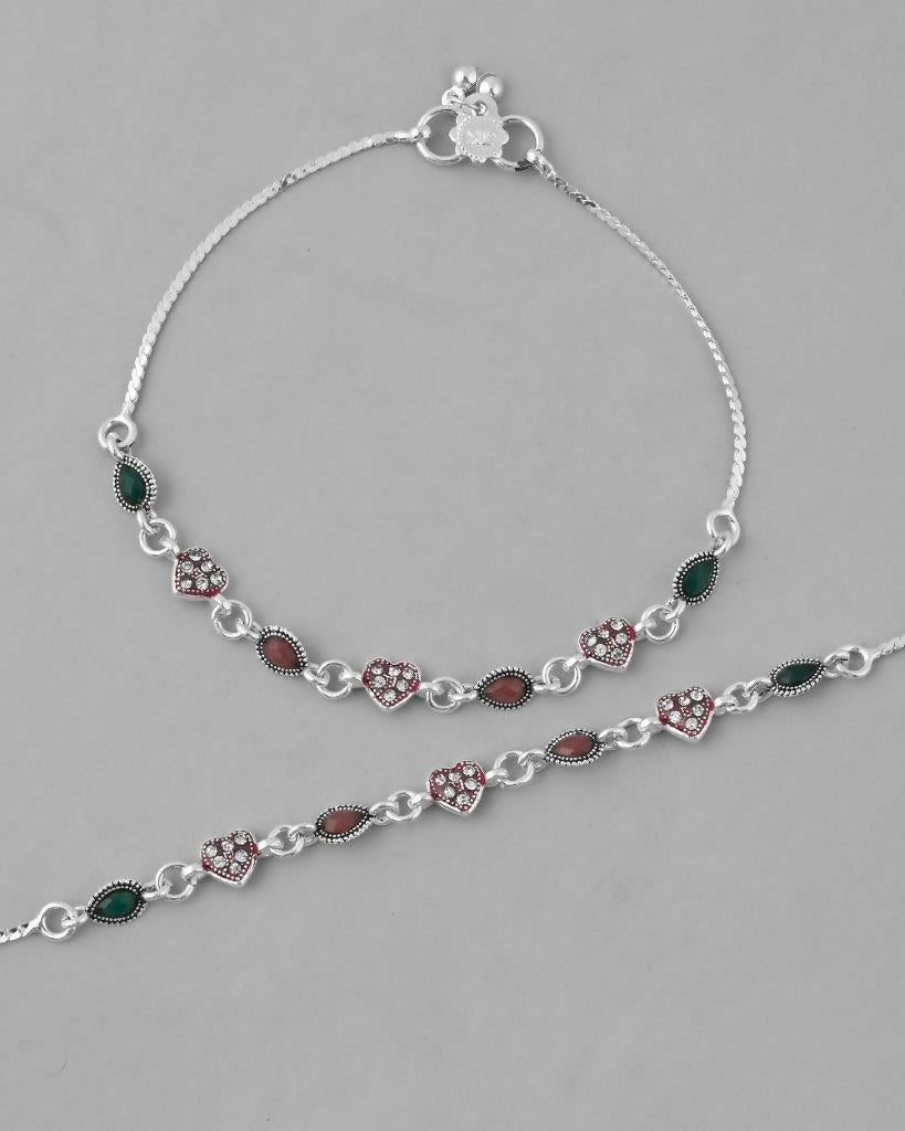 VOJ Set of 2 Silver Plated Heart Shaped Multi Color Anklet 