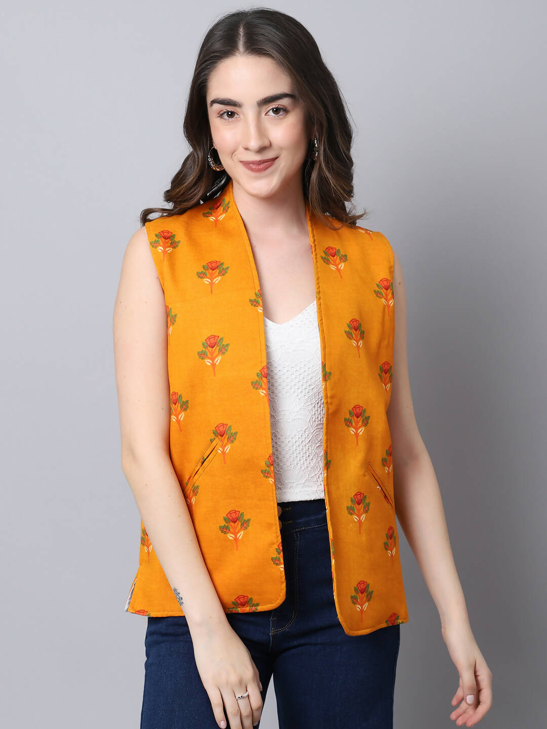 Even Apparels Yellow 100% Viscose Rayon Open Front Gillet (BF009) 