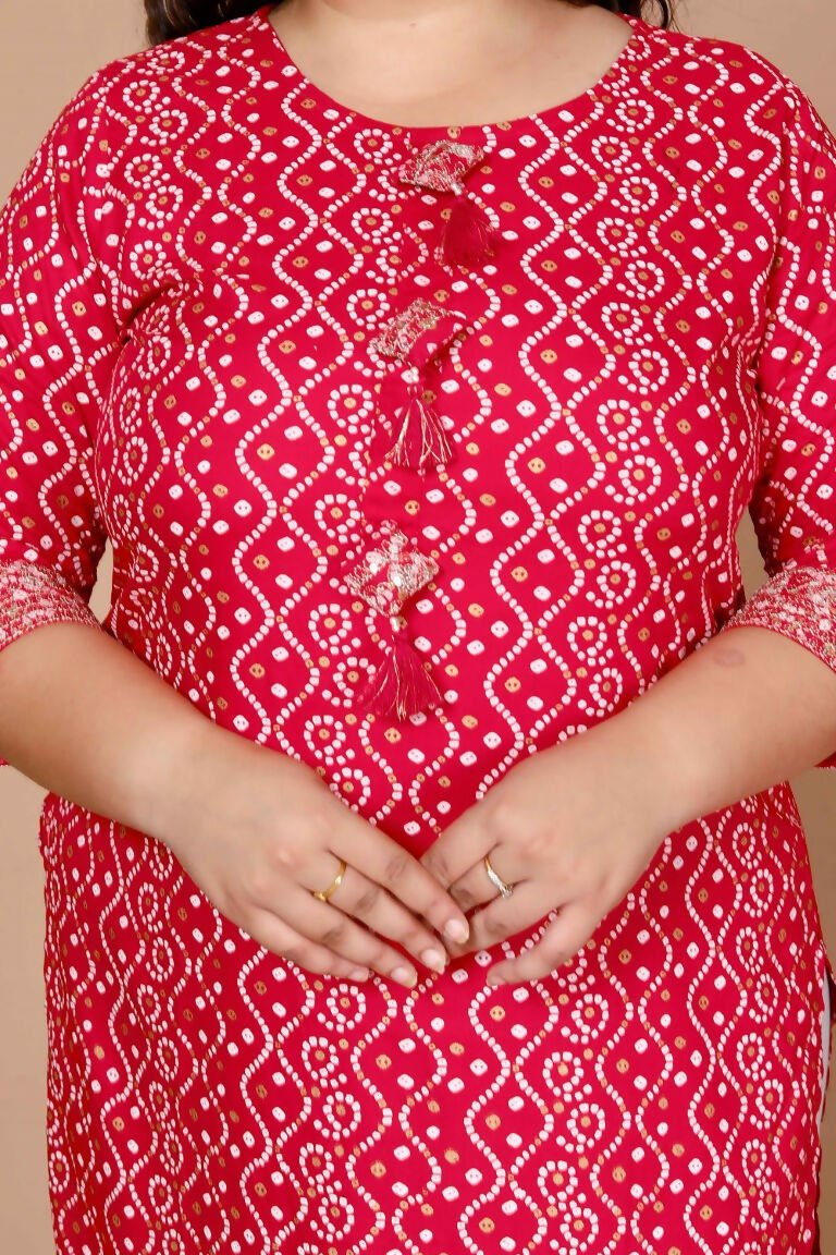 Miravan Women's Plus Size Pink Bandhani Pakistani Straight Kurti 