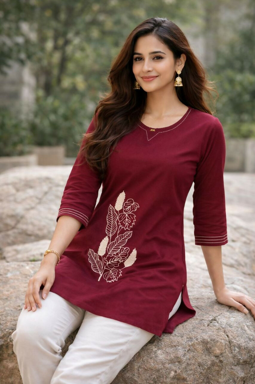 Teeya Creation Womens New Latest Cotton Wine Floral Embroidered Short Kurti