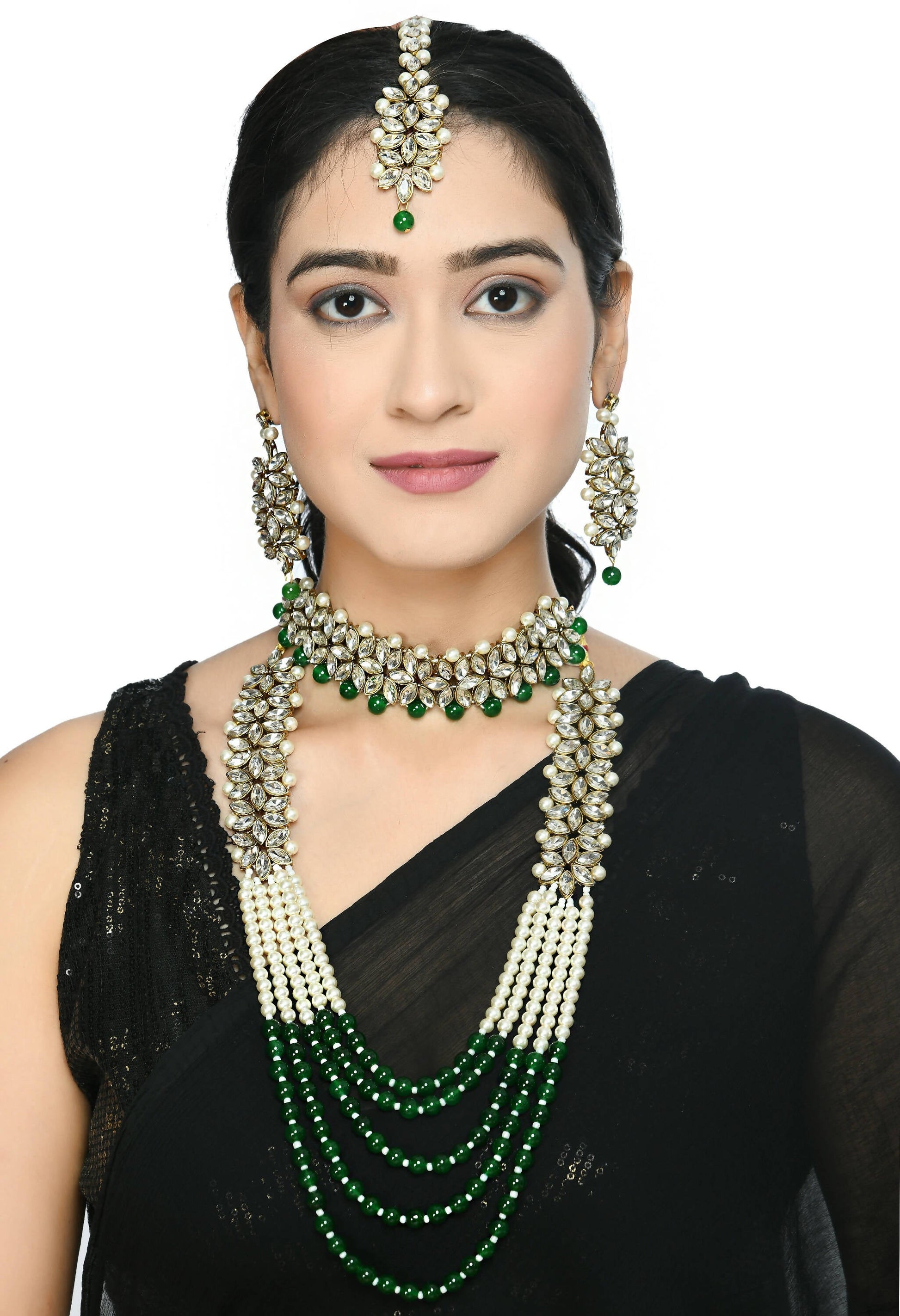 Mominos Fashion Johar Kamal Gold-Plated Rani Haar with Green and Off white Pearls Jewellery Set - Grab2buy