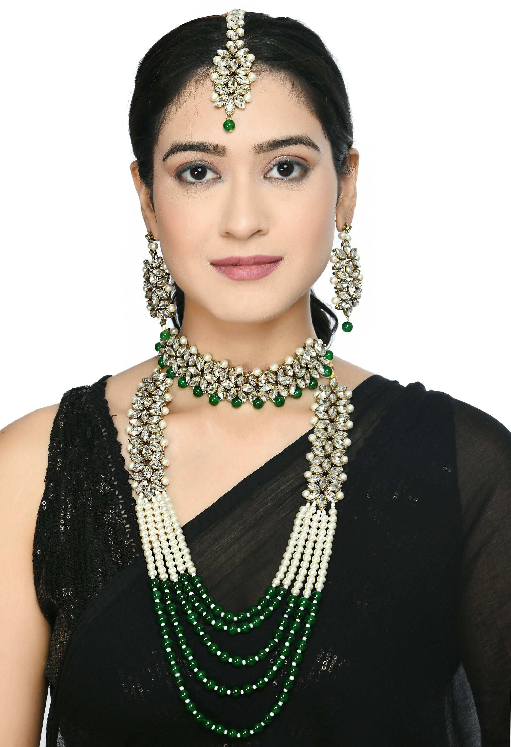 Mominos Fashion Johar Kamal Gold-Polished Rani Haar with Green and Off white Pearls Jewellery Set - Swadesiicart