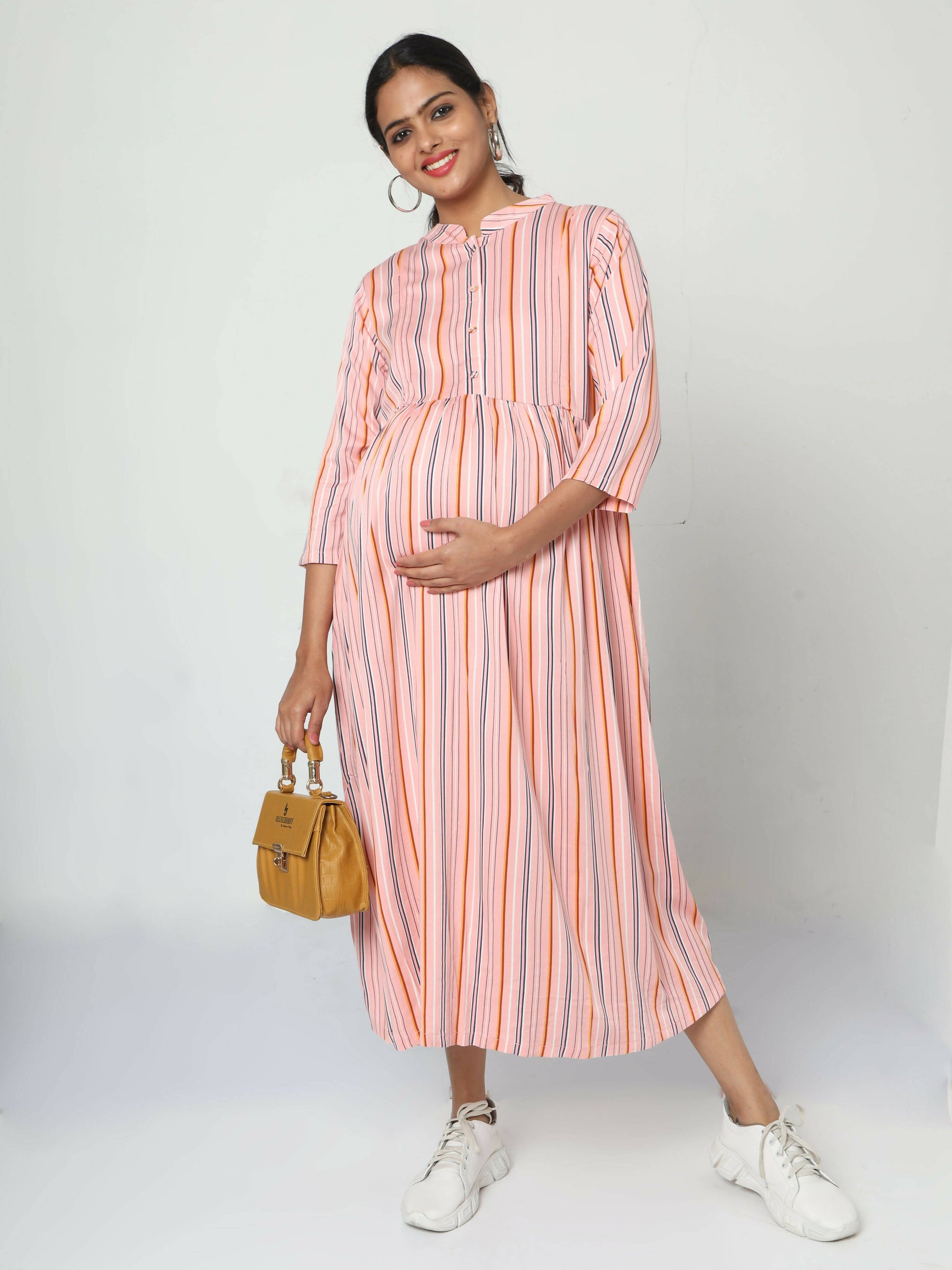 Manet Three Fourth Maternity Dress Strip Print With Concealed Zipper Nursing Access - Pink