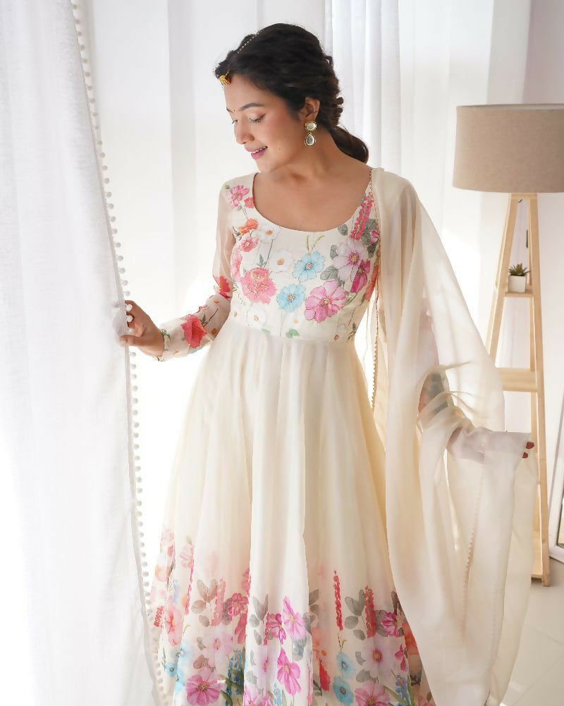 Joban Fashion Cream Kurta Set Organza Sequin Embroidery Work 