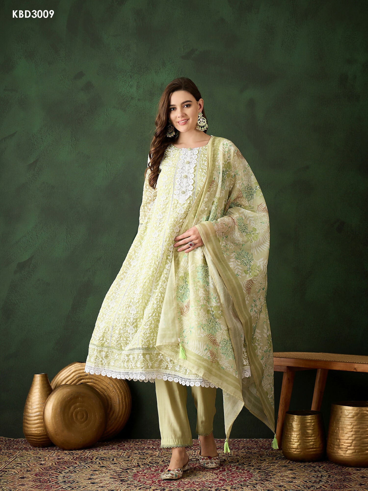 Green Crystal Organza schiffli embroidery Kurta With Trouser & Dupatta - Bhumi