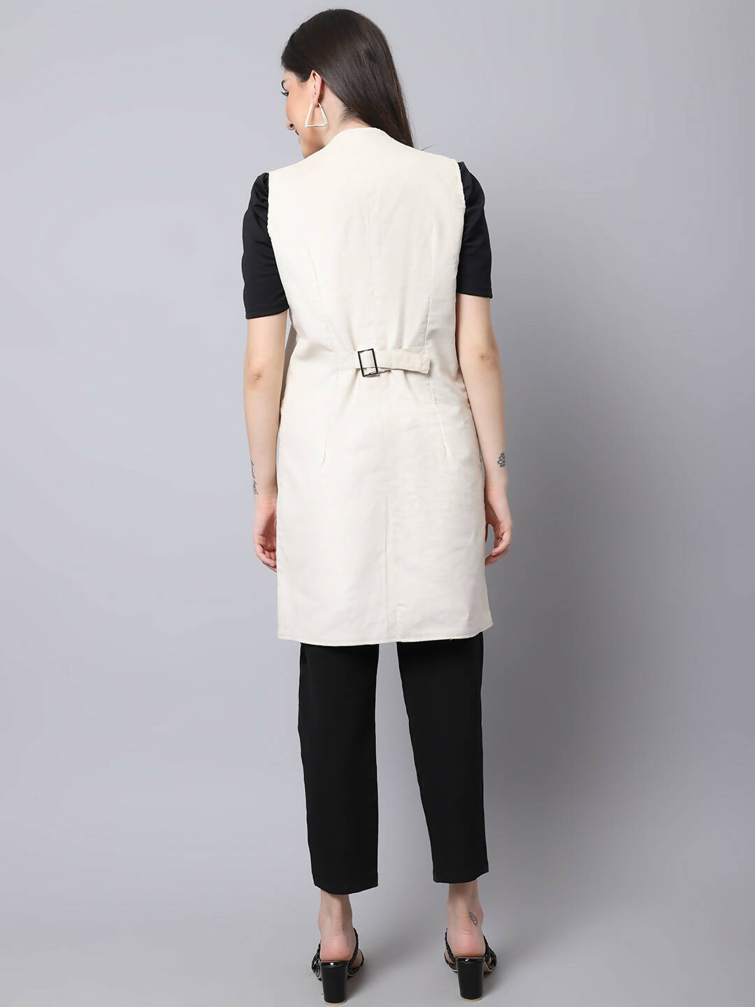 Even Apparels White Polywool Open Front Corduroy Women's Long Coat 