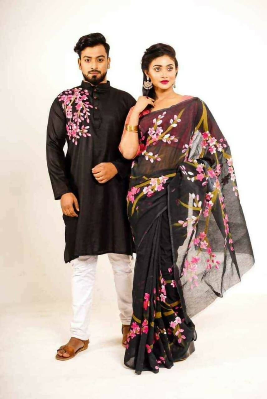 Exclusive Collection Elegant Hand Printing Designe On Pure Cotton Grab2Buy And Men's Kurta - Black 