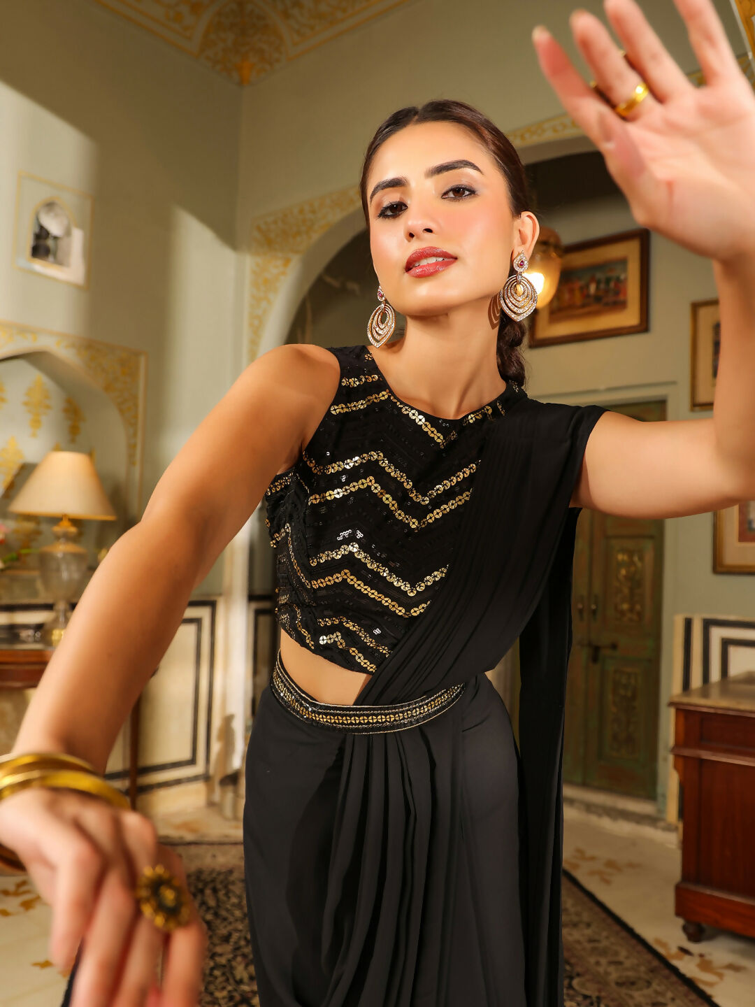 Janasya Black Georgette Sequined Grab2Buy and Blouse 