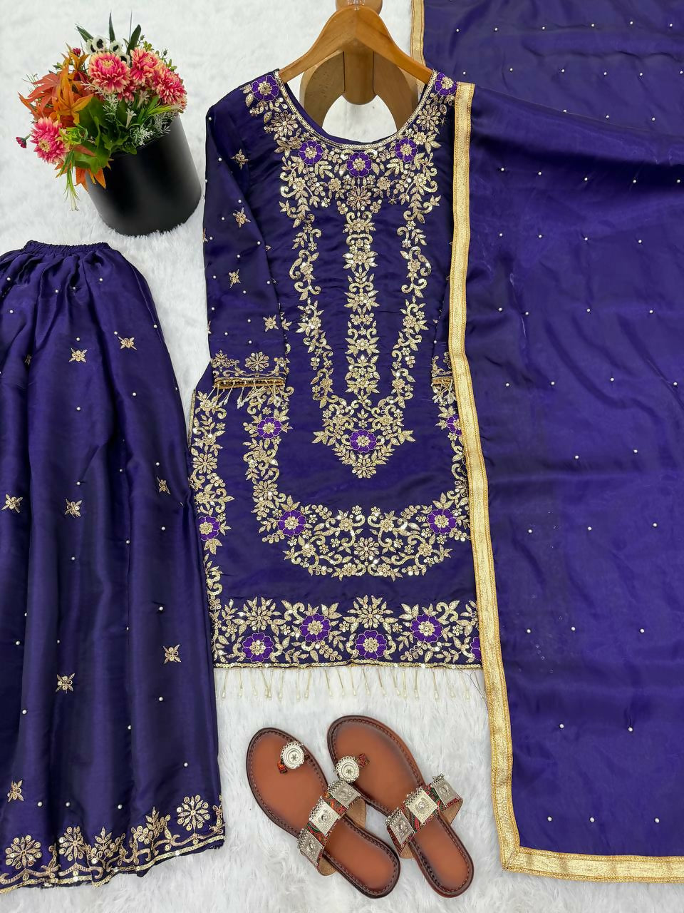 Teeya Creation Purple Gimmy Silk Designer Embroidery Work Wedding Wear Palazzo Pair