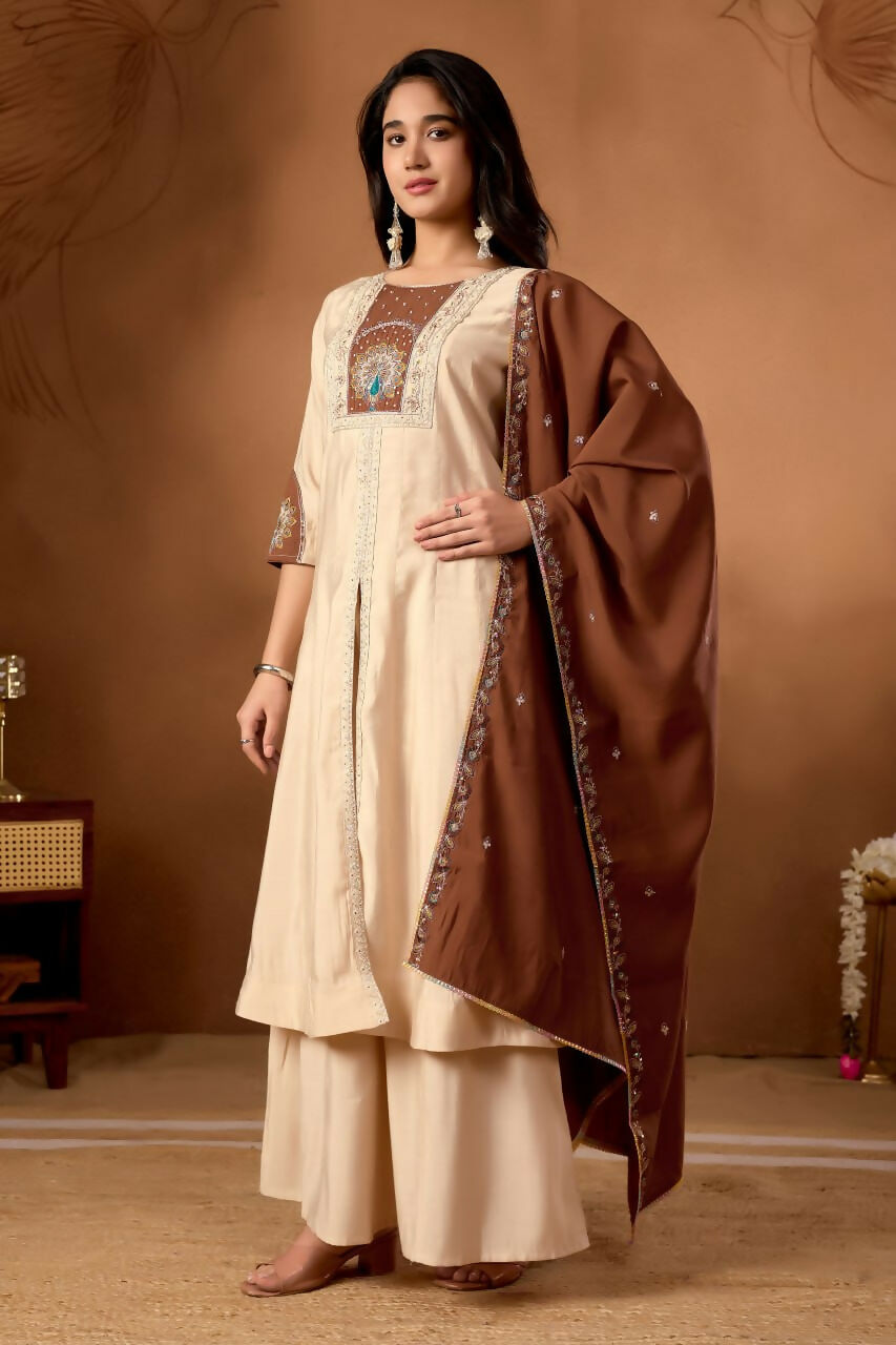 Lehenga Mart Designer Front-Slit Kurta, Paired With Wide-Leg Palazzo Pants And A Dupatta.-Cream