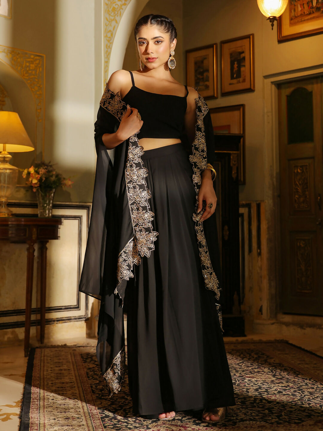 Janasya Black Georgette Solid Top Bottom Cape 