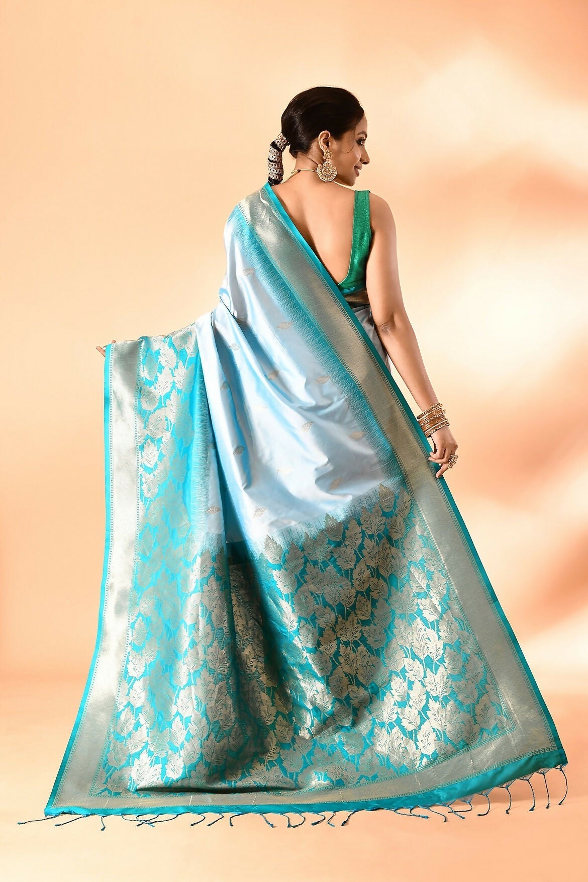 Joban Fashion Sky Blue & Rama Plain With Weaving Border Banarasi Silk Sarees 