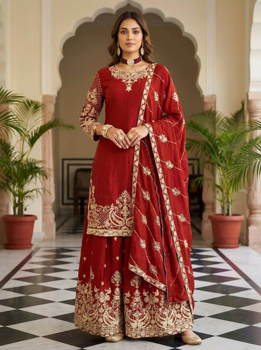 Joban Fashion Red Silk Embroidered Sharara Set