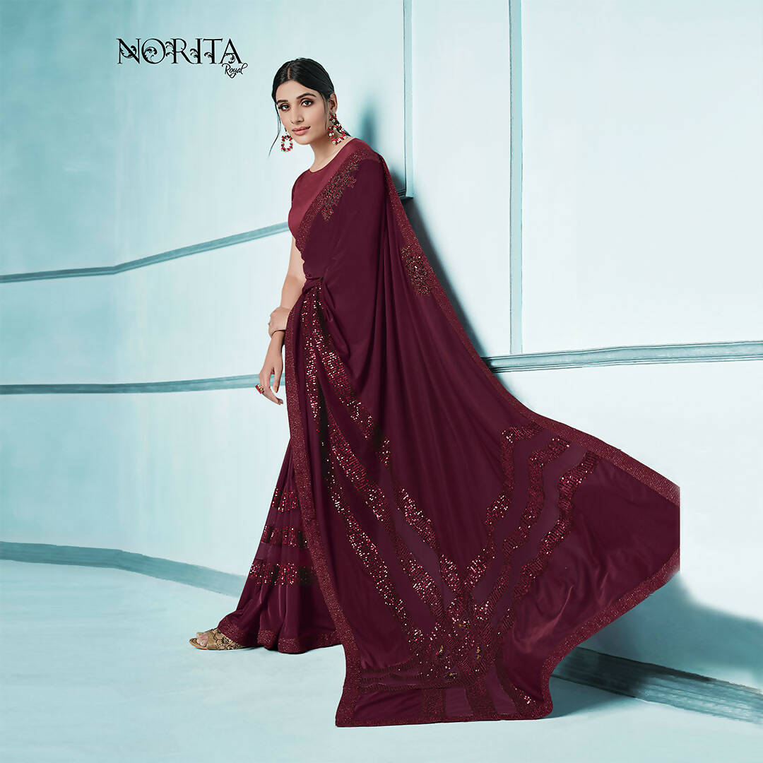 Maroon Lycra sequence Saree with Unstitched Blouse Piece - Norita Elaura