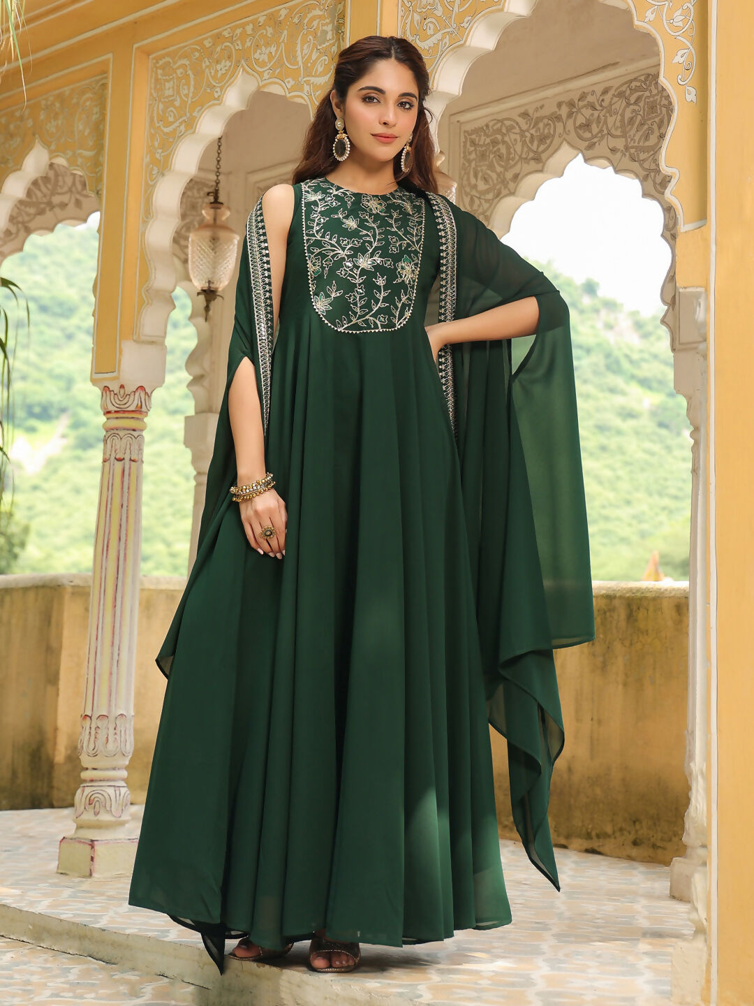 Janasya Dark Green Georgette Embroidered Dress & Jacket 