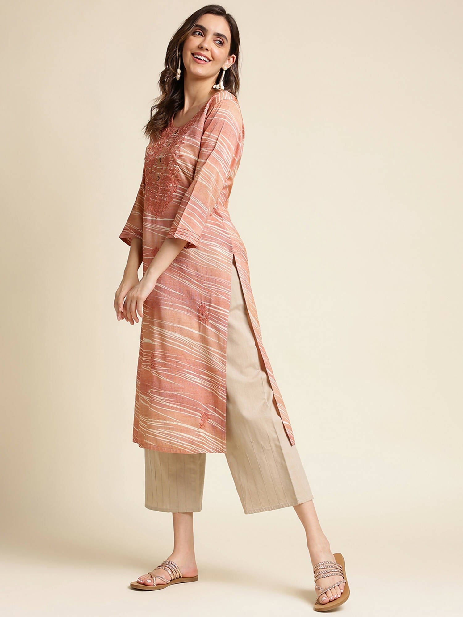 Peach Poly Rayon Stripe Printed Straight Fit Kurta - Prasuti