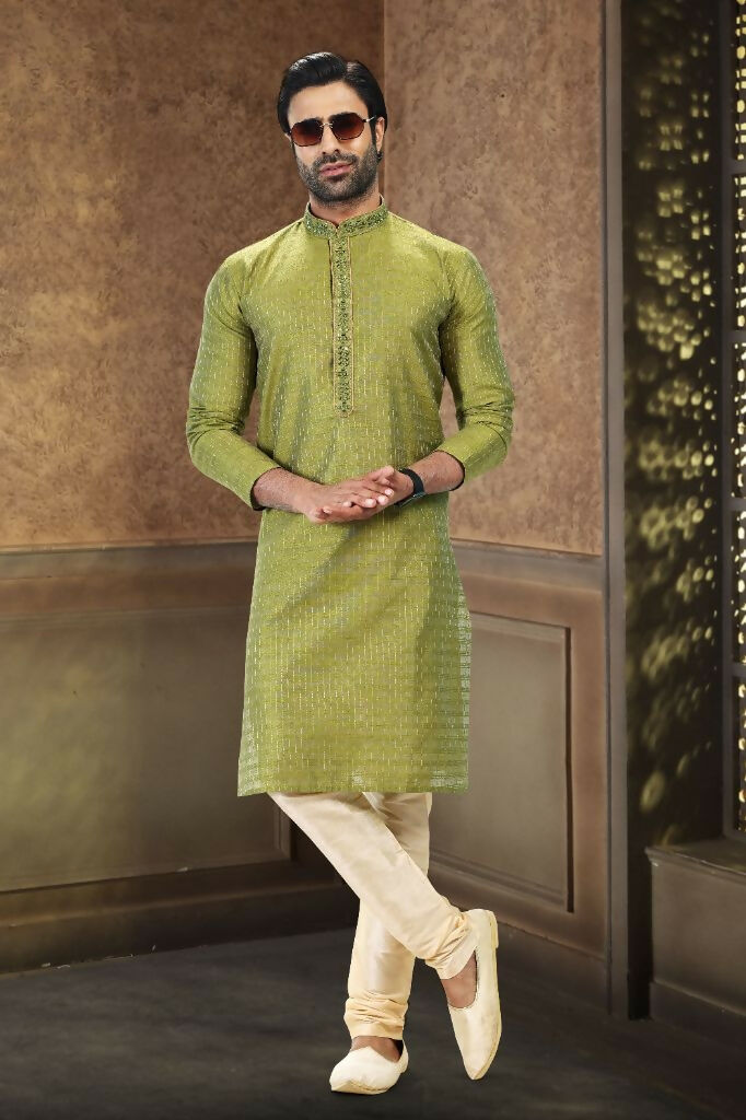 Raivat Ethnic Jacquard Art Silk Mirror and Thread Work Kurta Pajama In Green Colour