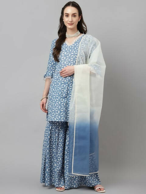 FIORRA Women's Sky Blue Pure Cotton A-Line Kurta & Sharara With Dupatta 