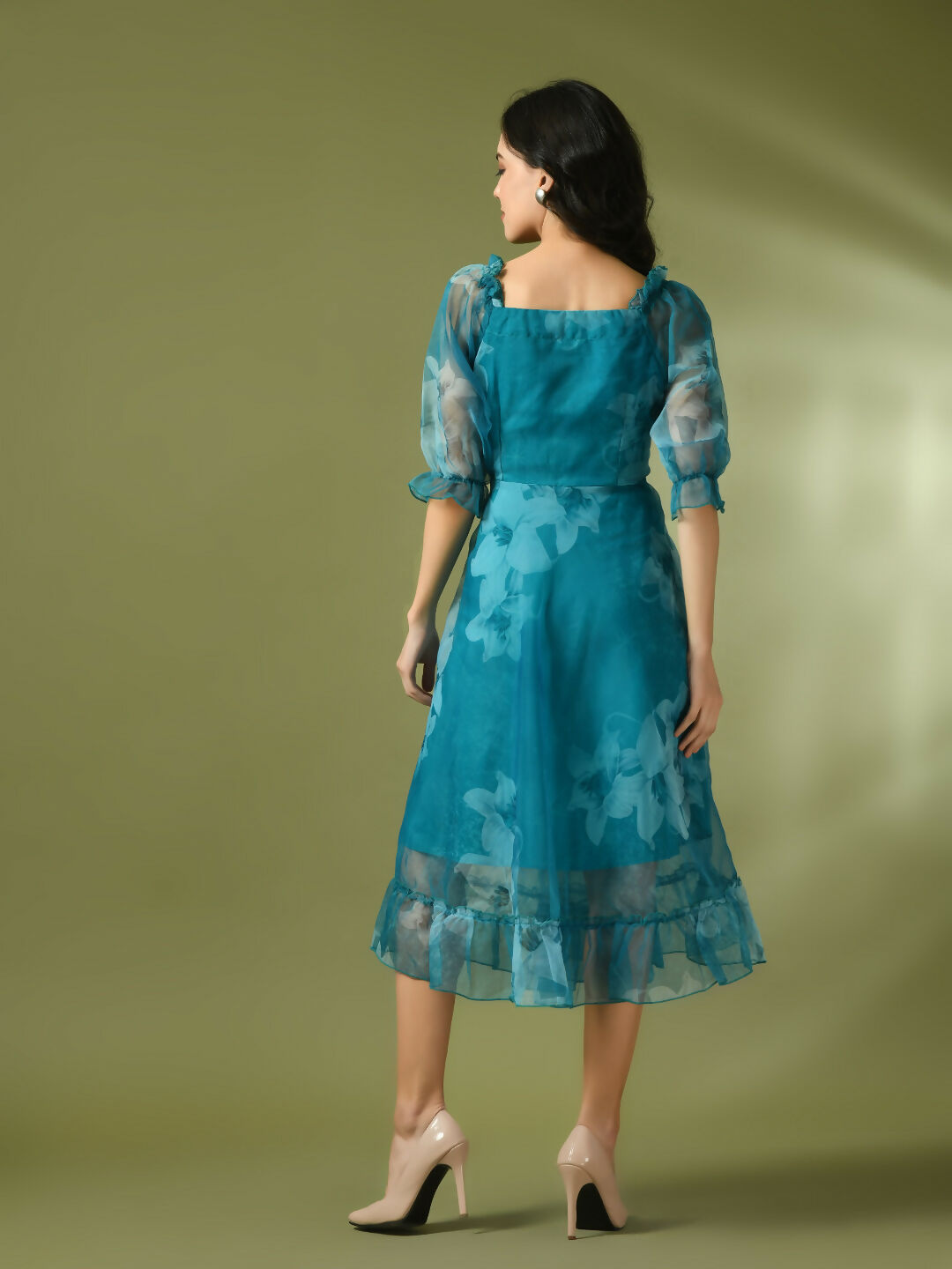 Myshka Women's Teal Printed Square Neck Fit and Flare Party Dress