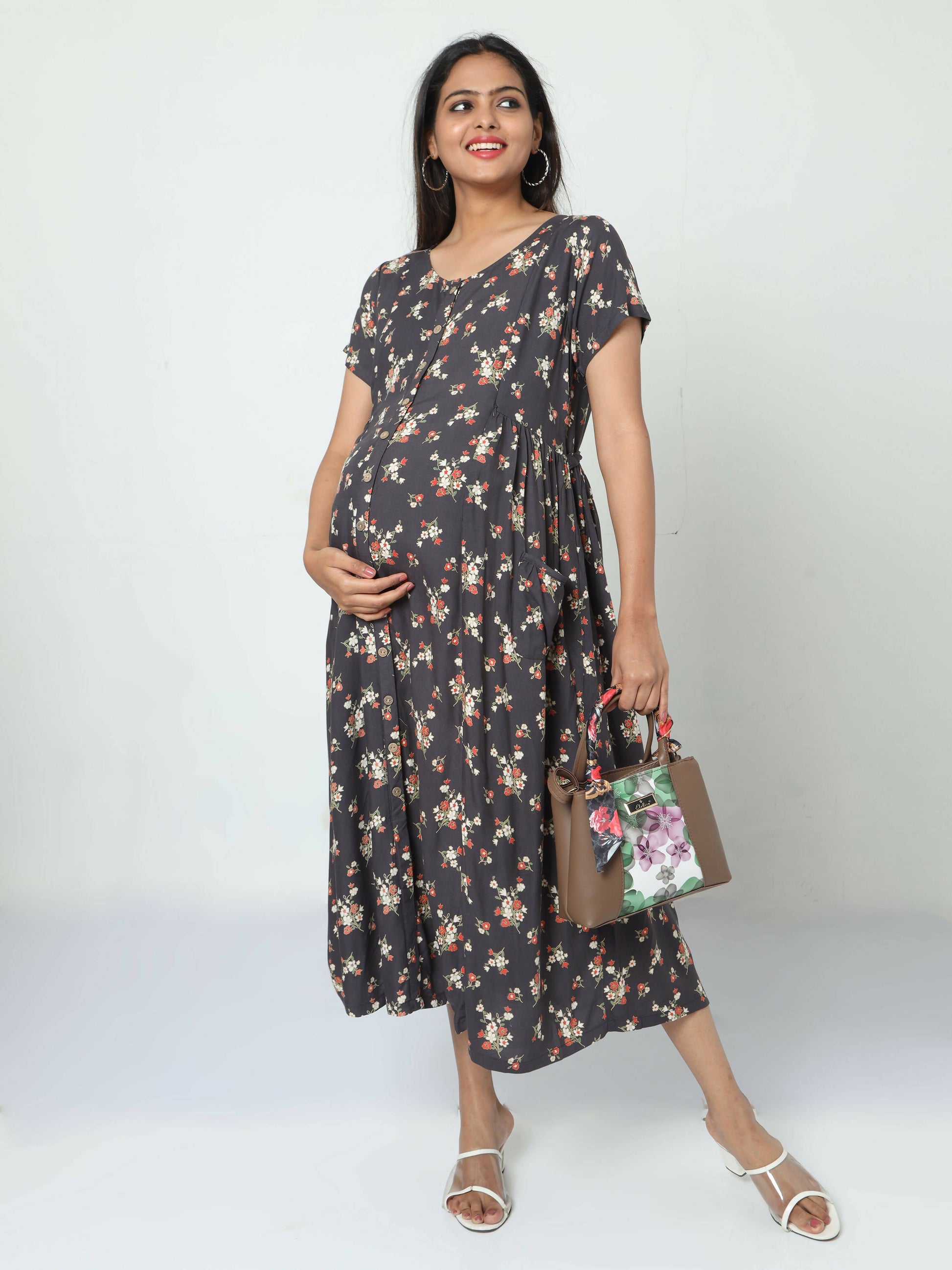 Manet Short Sleeves Maternity Dress Floral Print With Concealed Zipper Nursing Access - Navy Blue