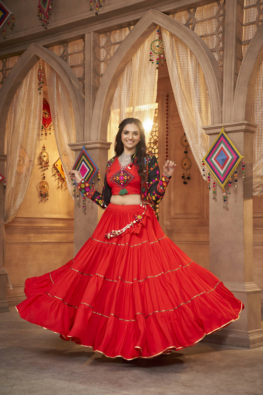 Red Viscose Rayon Navratri Lehenga Choli With Dupatta - Raas