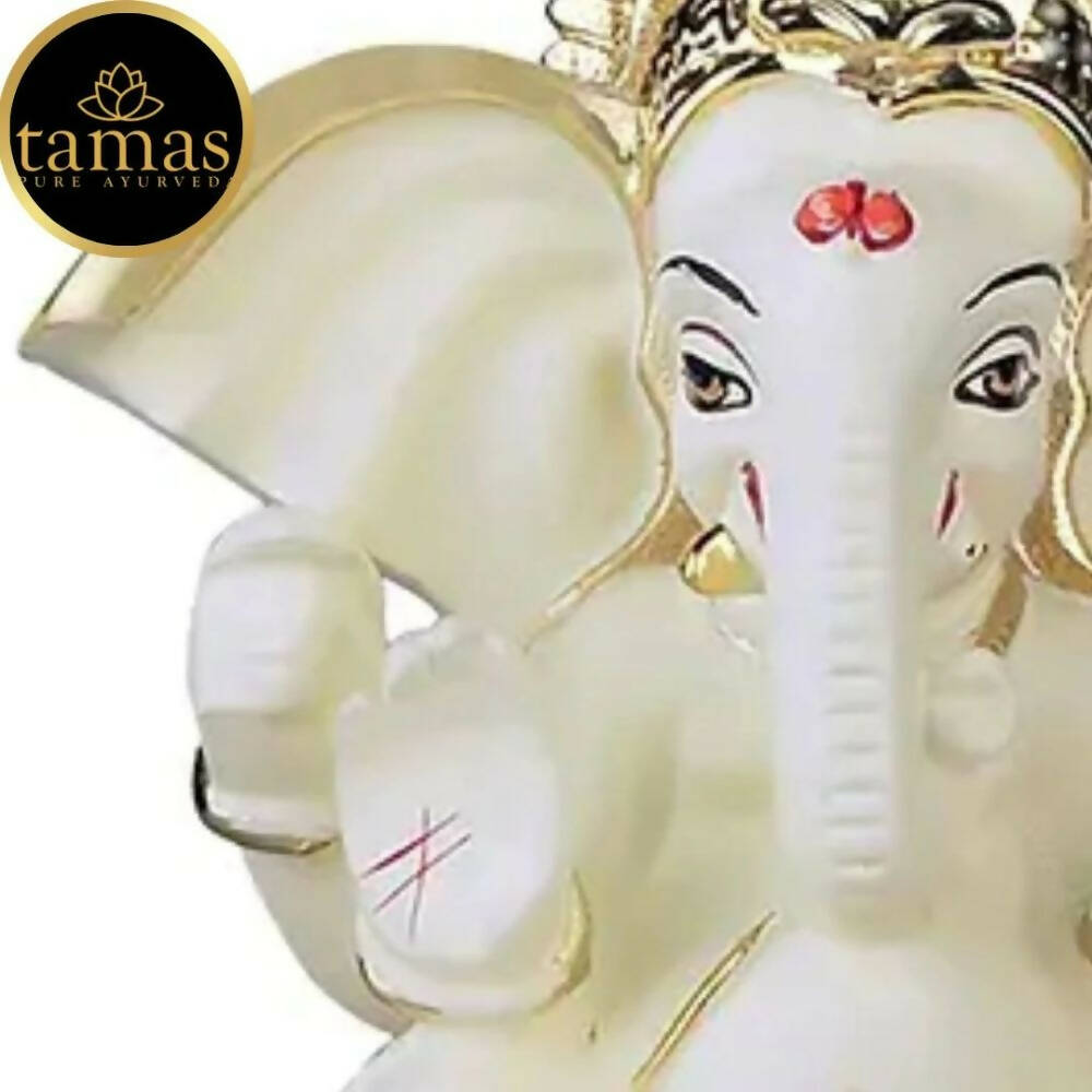 Tamas Gaj Karna Ganesh Idol | Off White & Gold | Brass Pooja Decor 