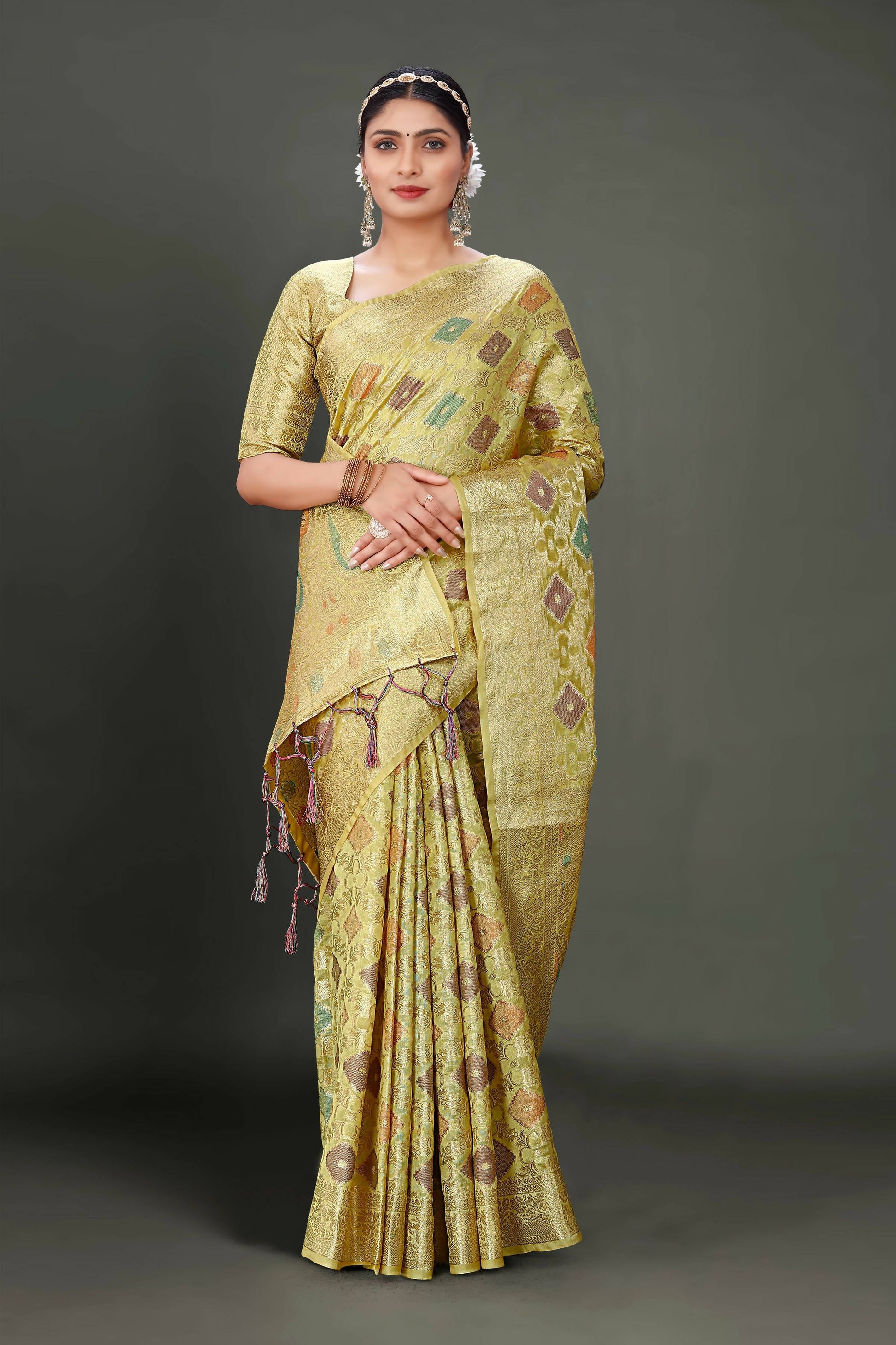 Olive Soft Organza Woven Design Saree With Unstitched Blouse Piece - Zaara