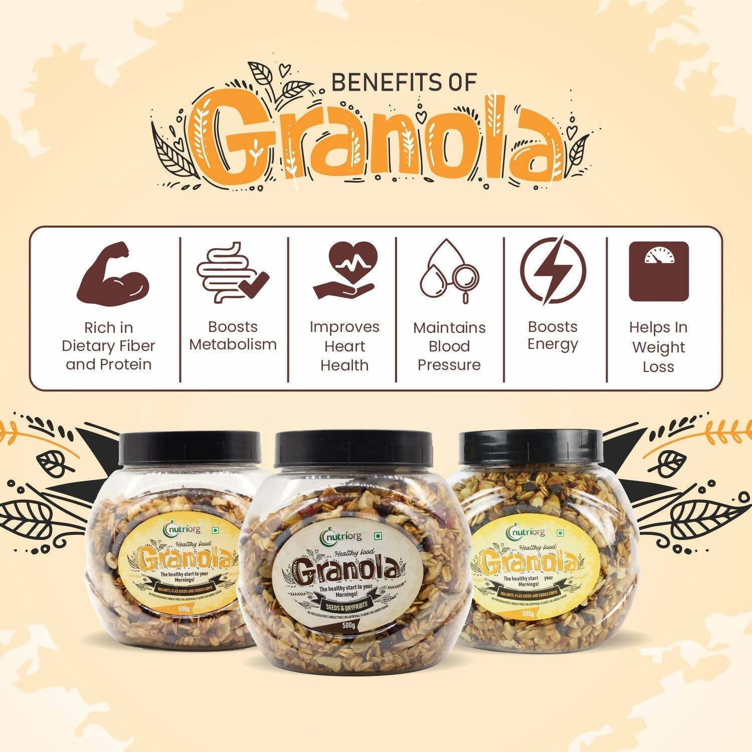 Nutriorg Crunchy Granola Walnut, Flaxseeds & Choco Chips Flavor 
