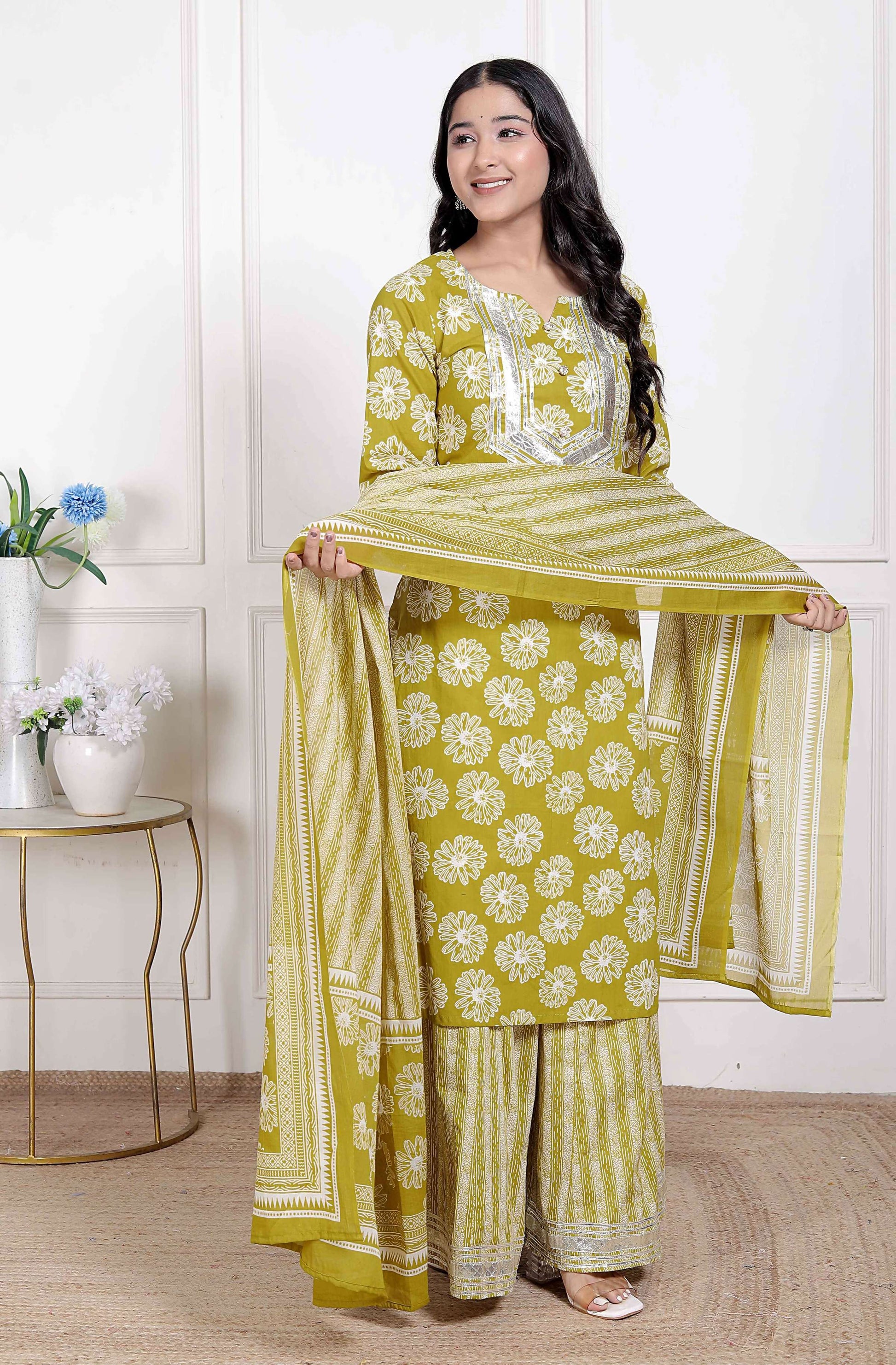 Miravan Women's Lime Yellow Embroidered Straight Kurta with Palazzo and Dupatta