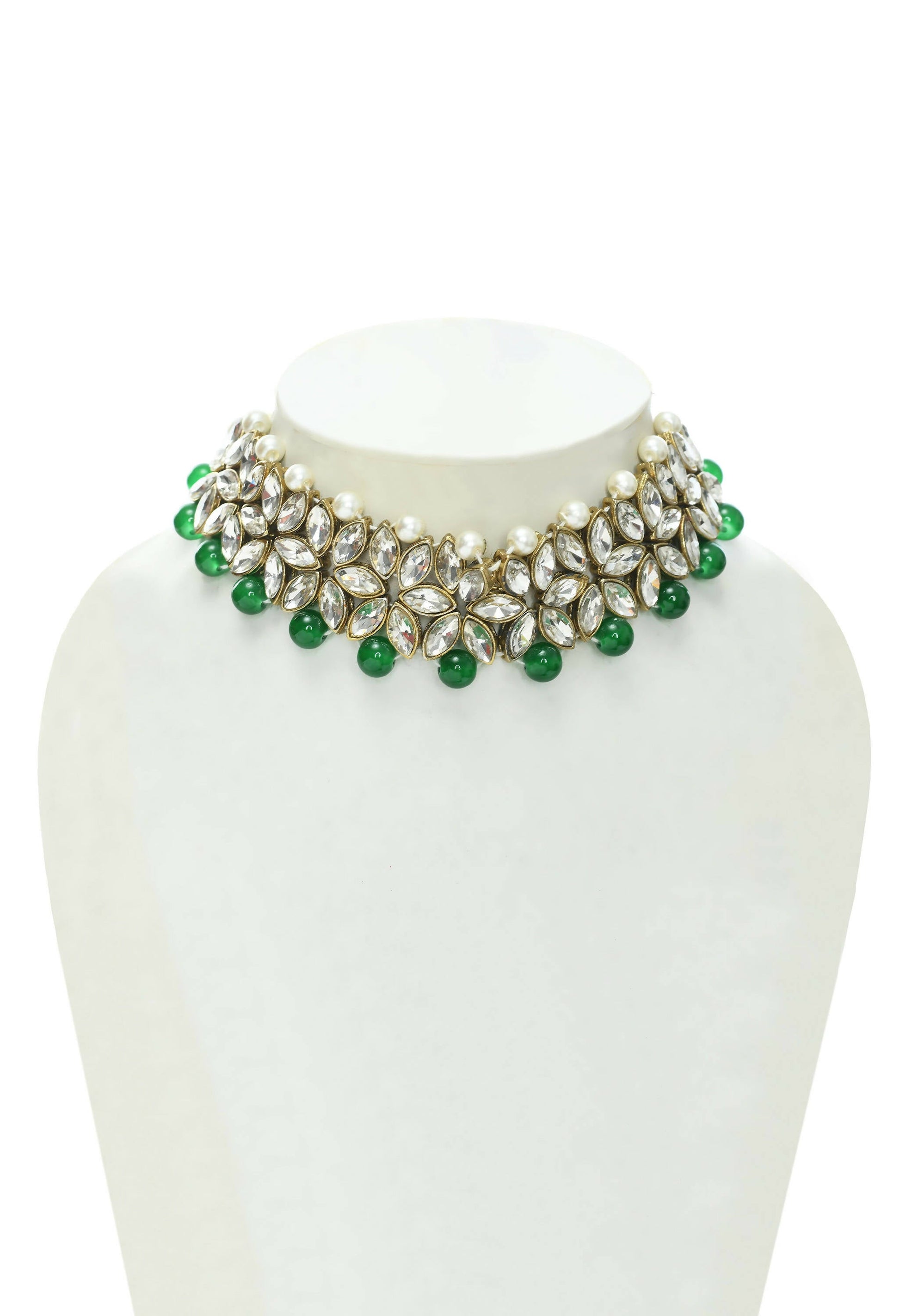 Mominos Fashion Johar Kamal Gold-Plated Rani Haar with Green and Off white Pearls Jewellery Set - Grab2buy
