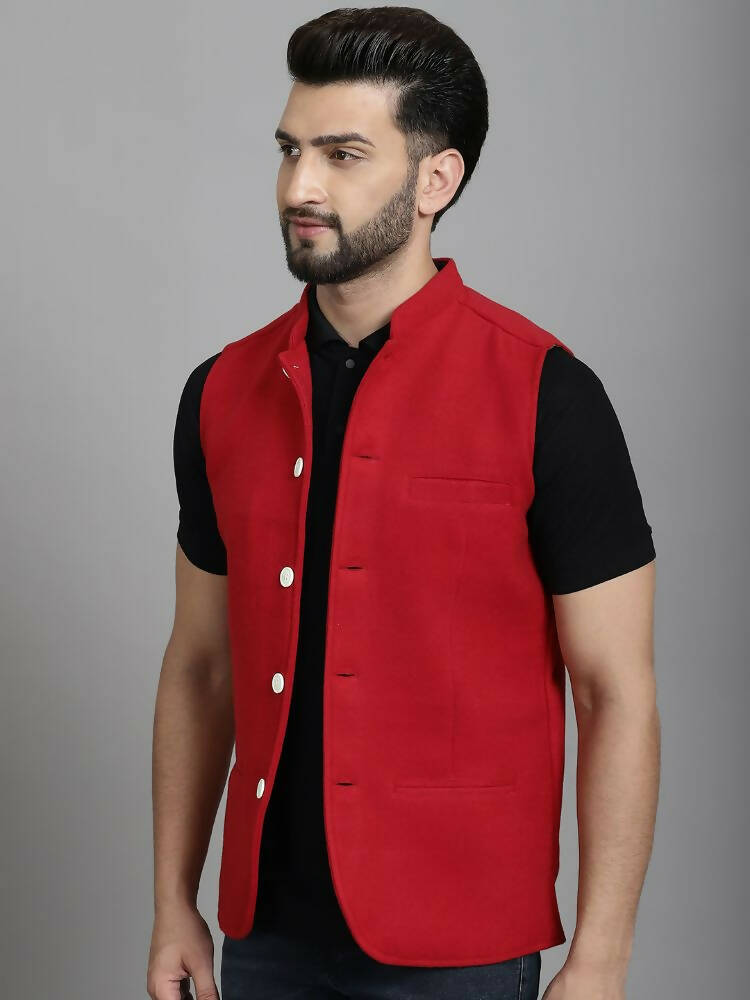 Even Apparels Nehru Jacket With Welt Pockets - Red 